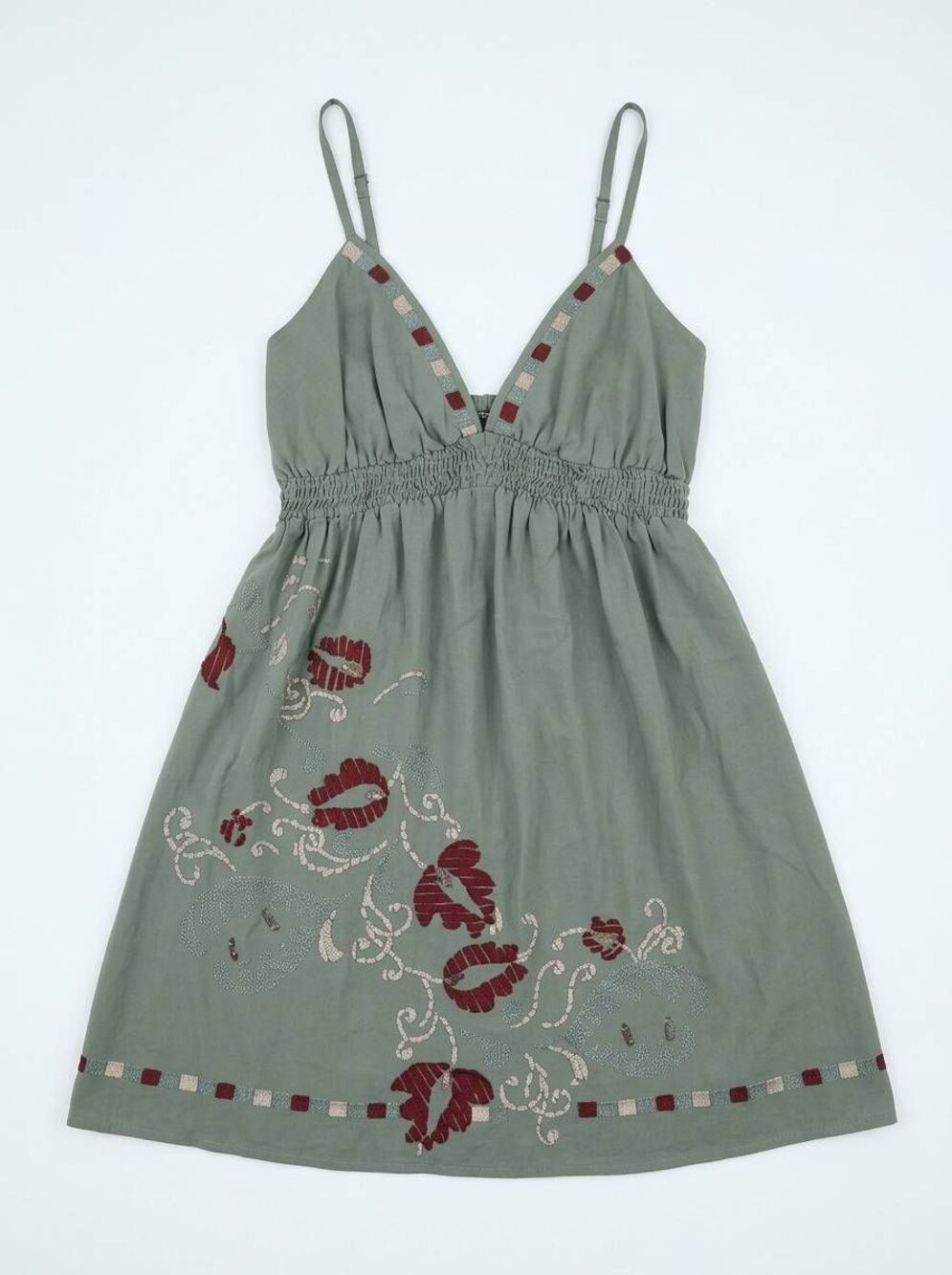 🔥Lux Olive Green Silk Embroidered Sleeveless Tunic Top Medium